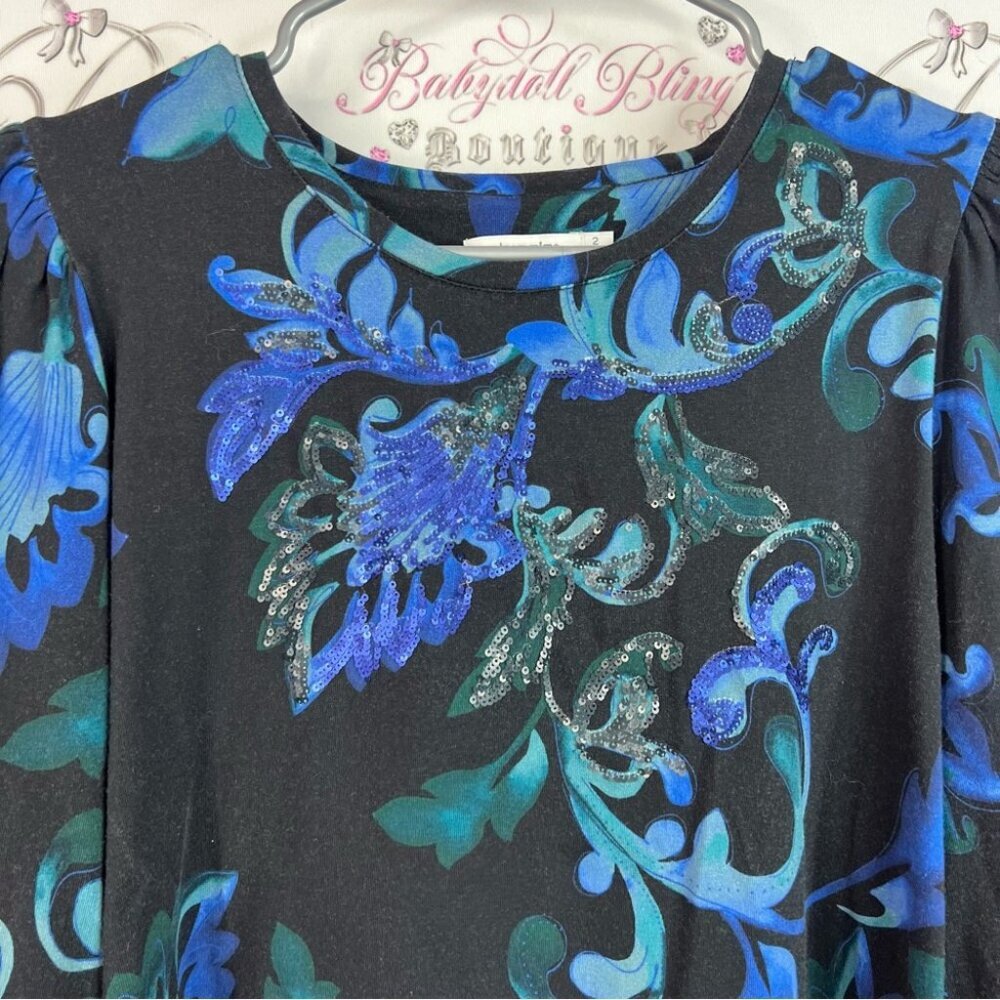 Chico's blouse long sleeve sequins sparkly shimmer Black and Blue Floral Blouse - Picture 5 of 9